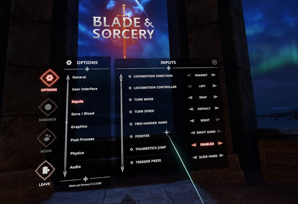 Screenshot of Blade & Sorcery options menu showing inputs for locomotion direction and controllers