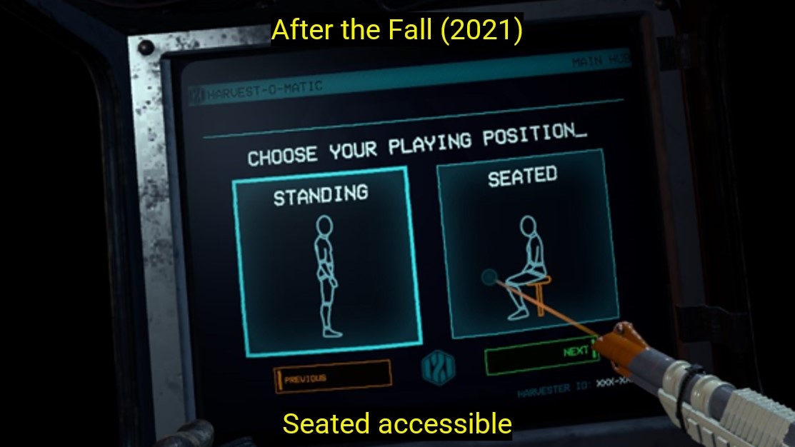 Screenshot from After the Fall showing a menu to choose standing or seated playing position