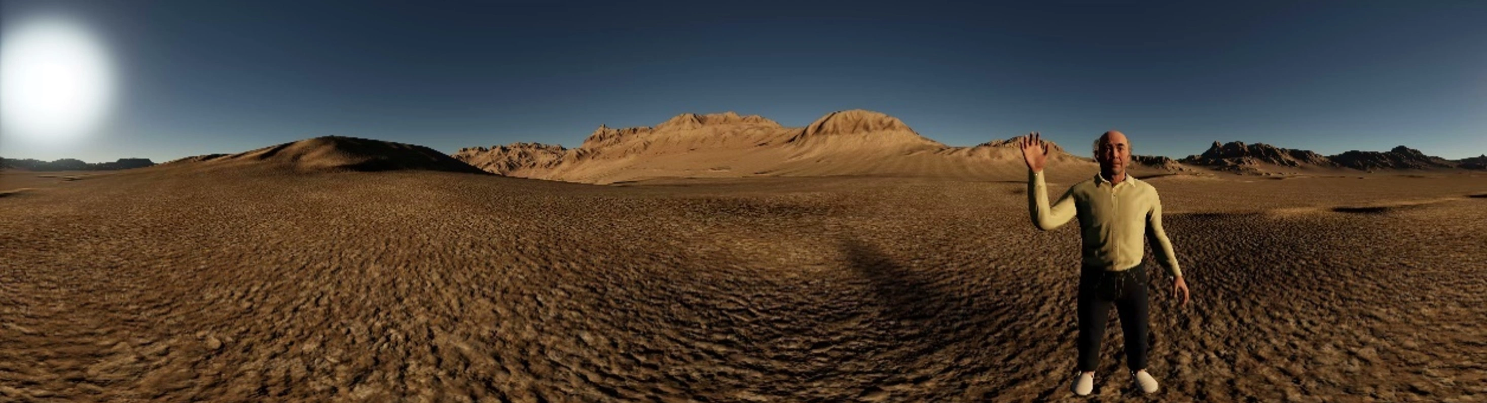 Panorama of a virtual desert environment with a character waving