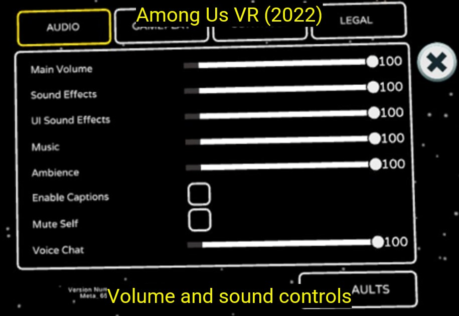 Screenshot of Among Us VR audio settings menu showing volume and sound controls