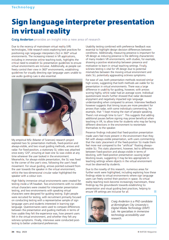 BATOD magazine article about sign language interpreter presentation in virtual reality