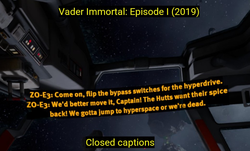 Screenshot of Vader Immortal gameplay showing closed captions text on screen