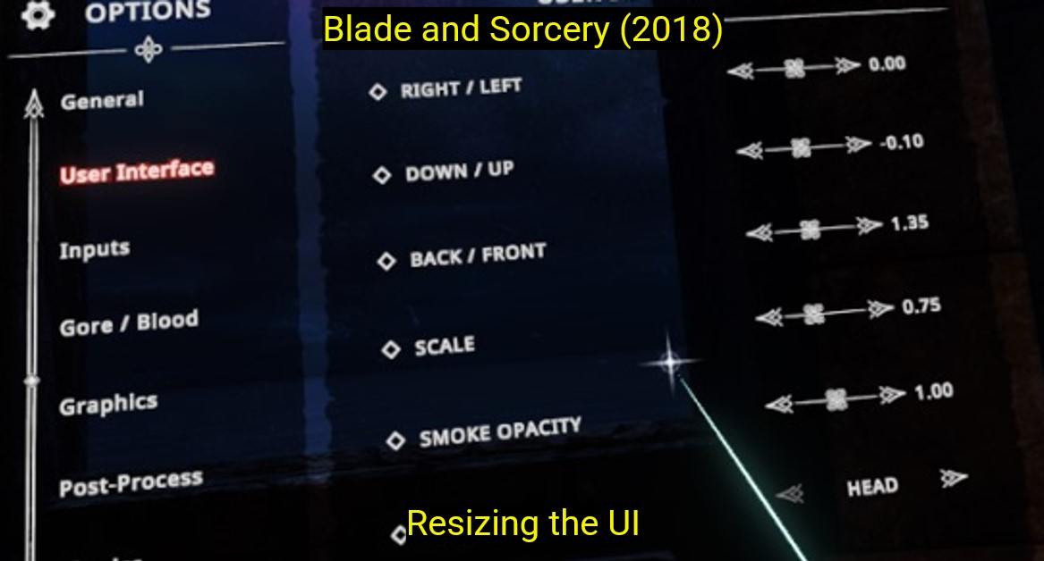 Screenshot of Blade and Sorcery settings menu showing UI resizing options