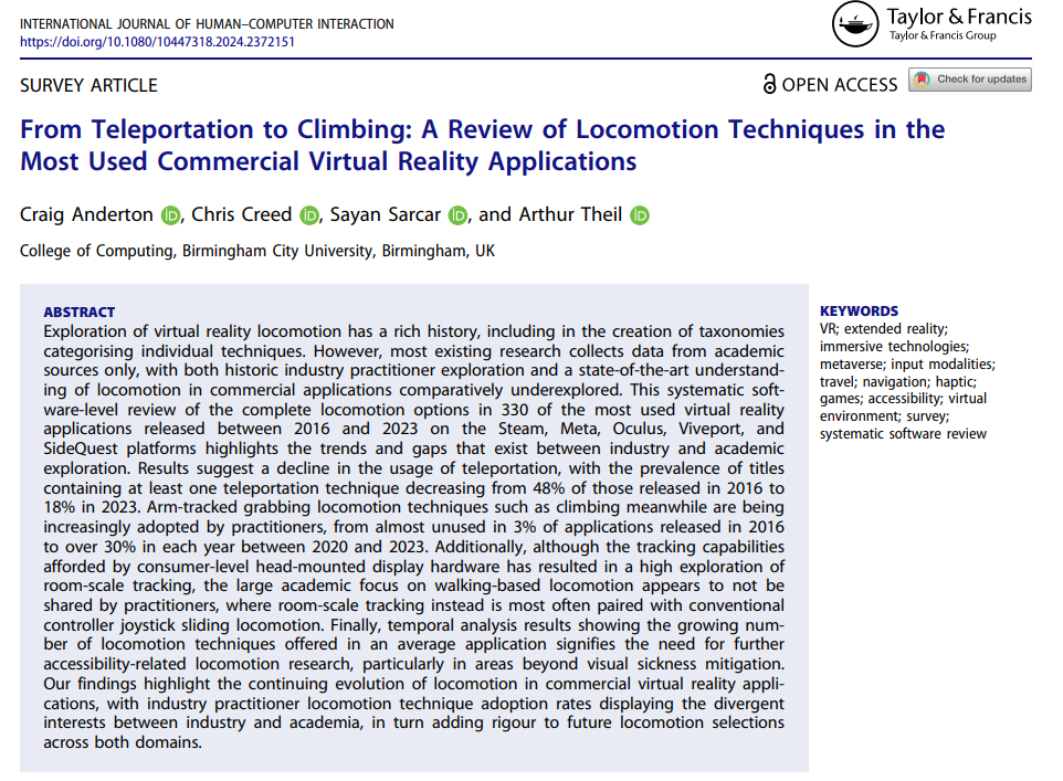 First page of the academic paper 'From Teleportation to Climbing: A Review of Locomotion Techniques' showing the abstract and authors