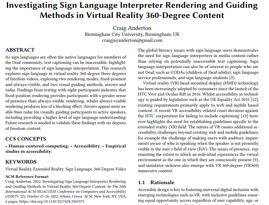 First page of the academic paper 'Investigating Sign Language Interpreter Rendering and Guiding Methods in Virtual Reality 360-Degree Content'