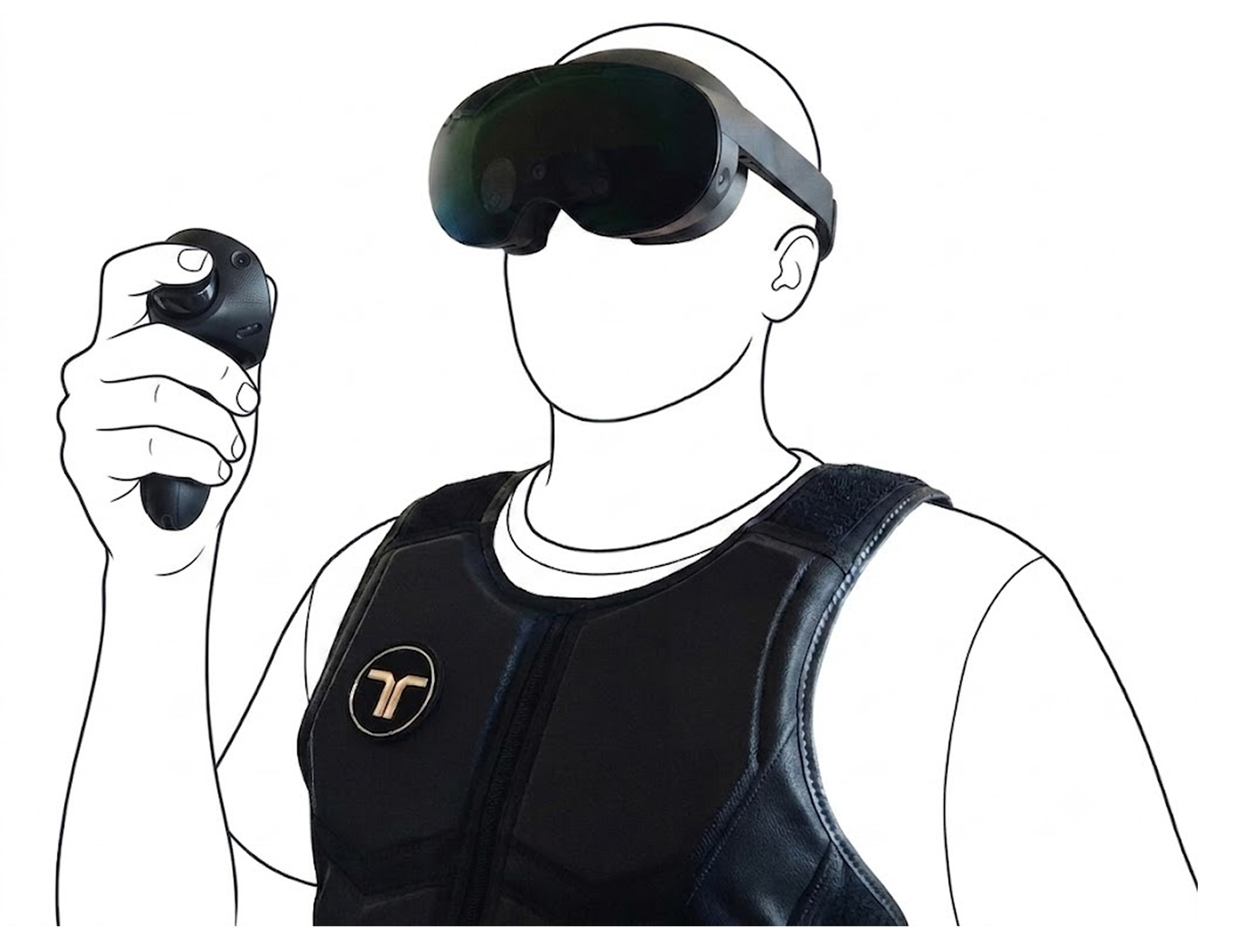 A participant wearing a VR headset and haptic vest, holding a single VR controller in their right hand.