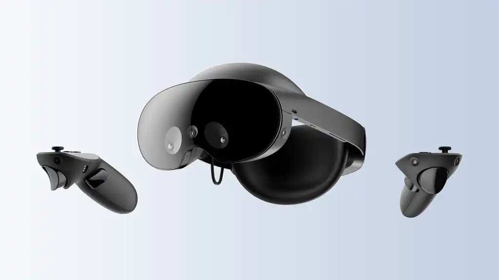 Meta Quest Pro VR headset and two controllers floating against a light background