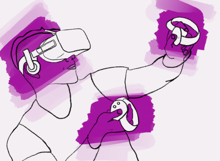 Illustration of a person wearing a VR headset and holding two controllers